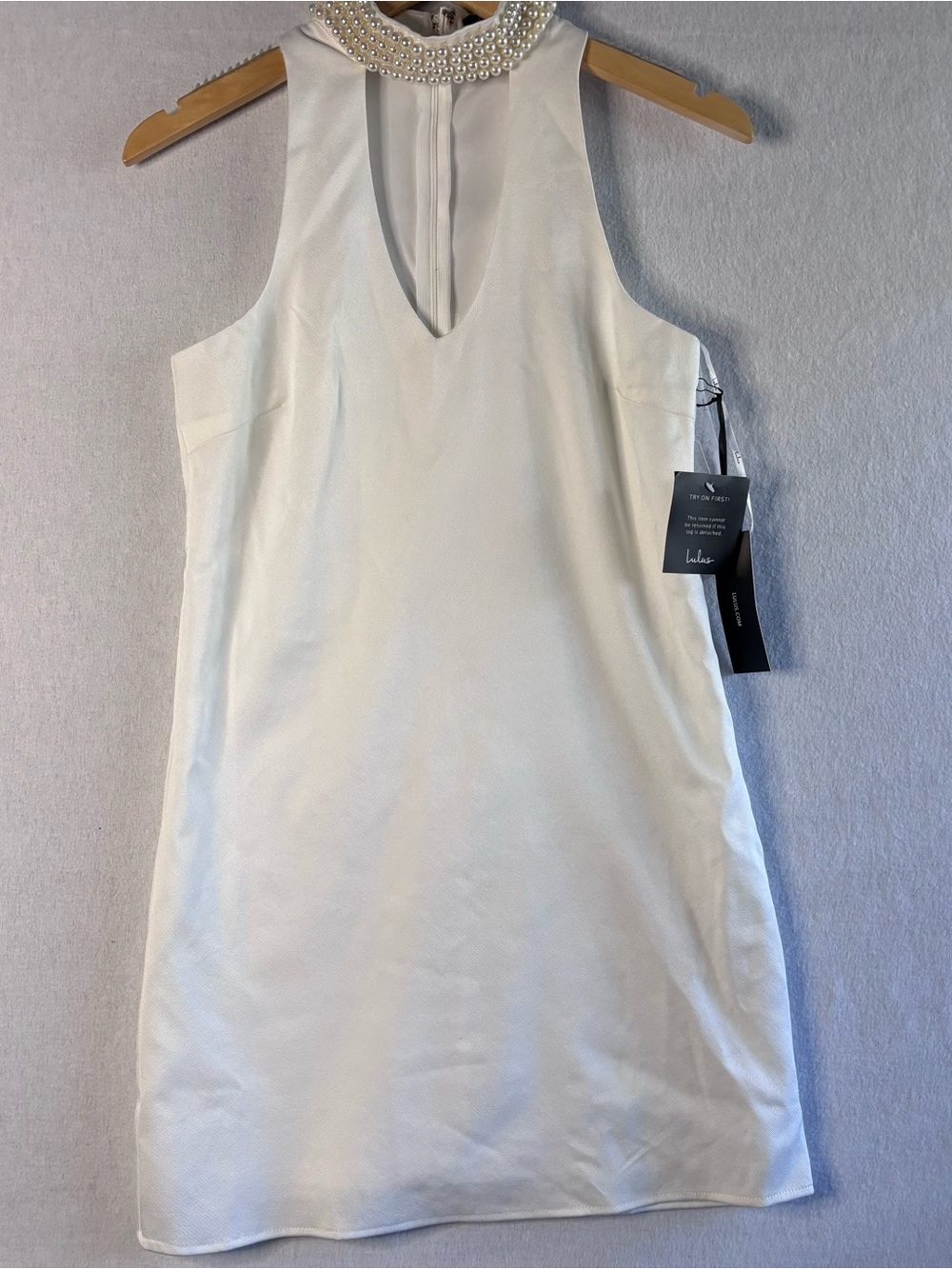 Lulu's White Pearl-Trim Halter Shift Dress